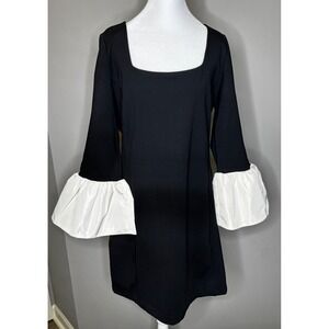 Loft Women's Square Neck Flounce Cuff Lined Shift Dress Black Party Size 12 NWT